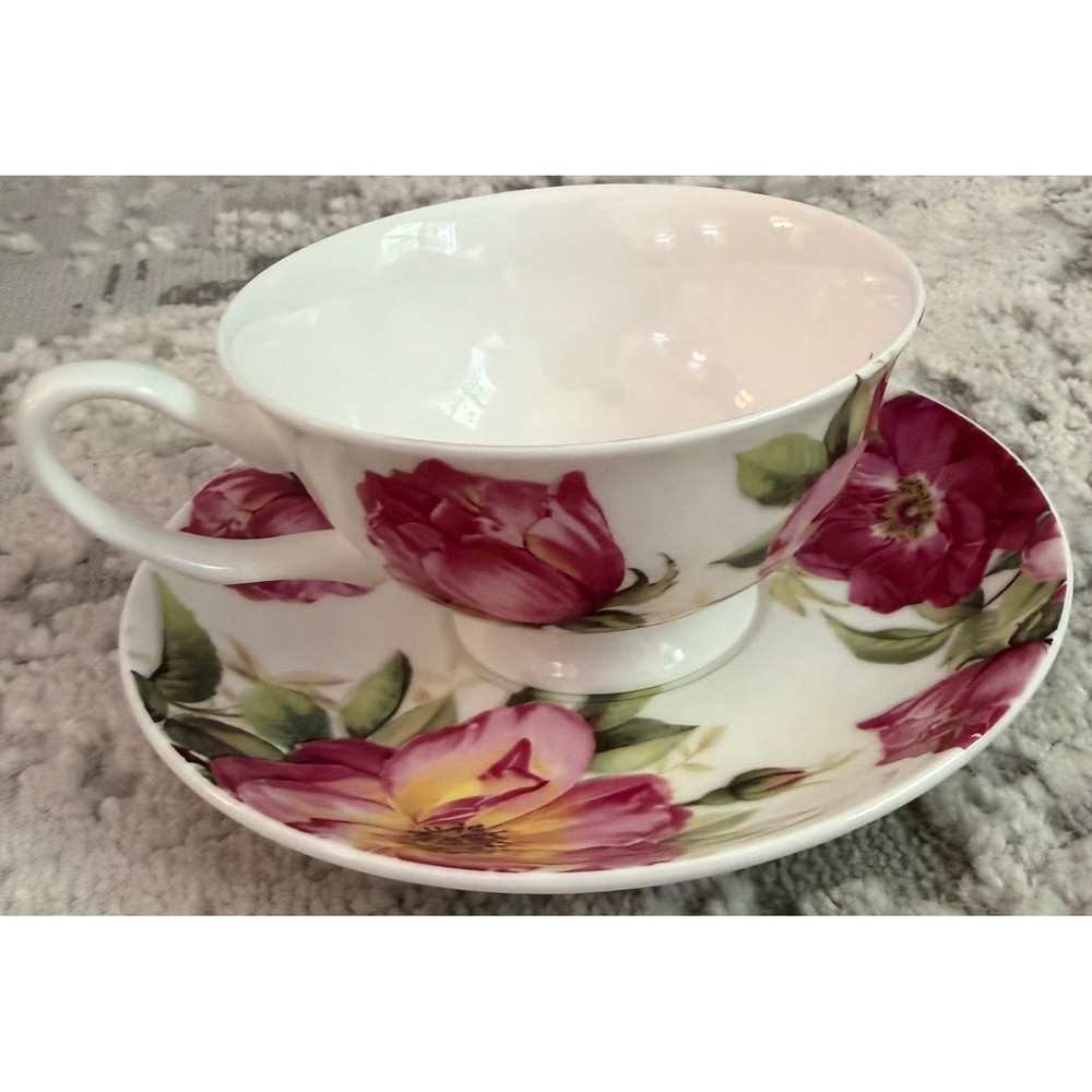 Stechcol Gracie Bone China Tea Cup and Saucer Set Pink Yellow‎ Rose Floral
